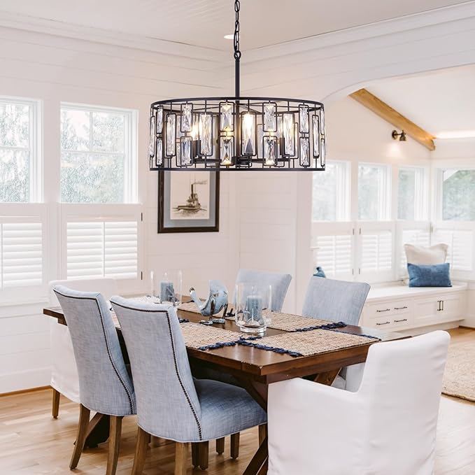 Wellmet Black Crystal Chandeliers 24in, 6 Lights Round Ceiling Light Fixture for Dining Room, Modern Farmhouse Drum Chandelier for Living Room, Bedroom, Bathroom, Kitchen, Entryway, Hallway