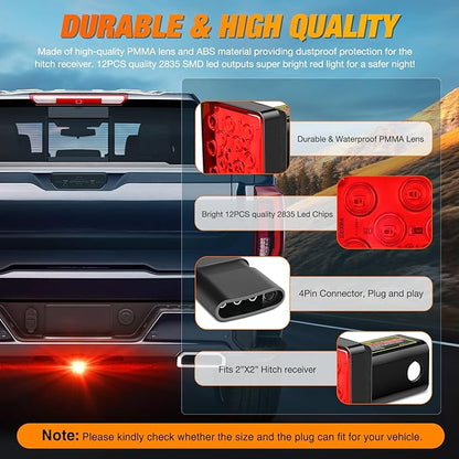 Nilight LED Brake Light Trailer Hitch Cover Square Red Lens Vehicle Tow Hitch Driving Brake Lamp 12 LEDs Brake Tail Lights with 2" Receiver for Towing Truck RV and SUV