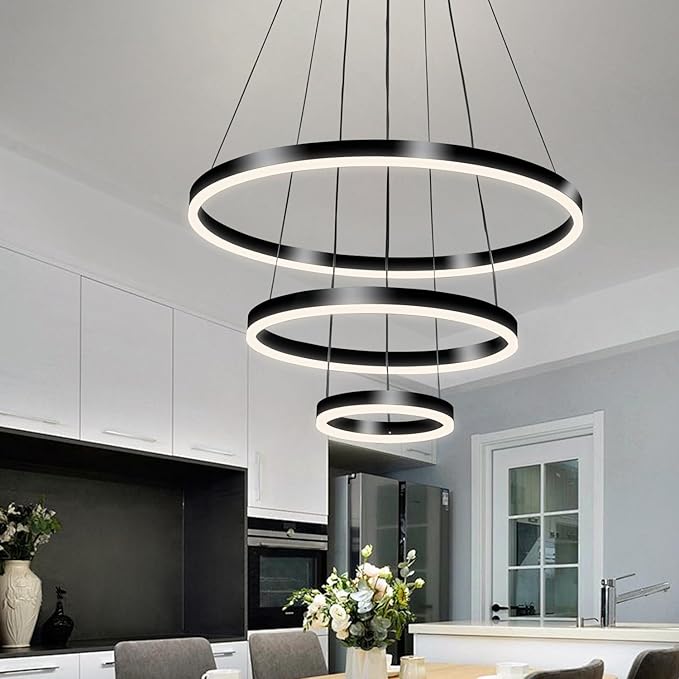 Modern LED Pendant Light, Black Circular Chandelier Fixture, Adjustable Height Circular Entrance Pendant Light, Suitable for Restaurants, Kitchens, Islands, Living Rooms, Cafes, Etc. (4000K)