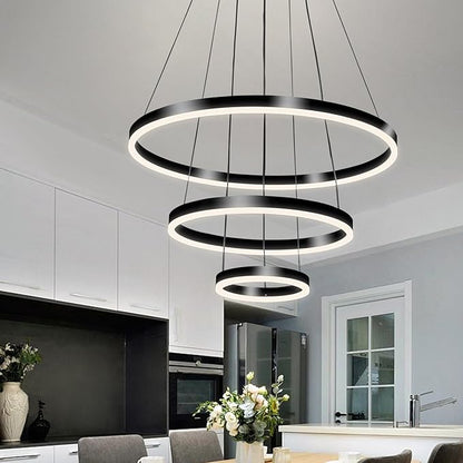 Modern LED Pendant Light, Black Circular Chandelier Fixture, Adjustable Height Circular Entrance Pendant Light, Suitable for Restaurants, Kitchens, Islands, Living Rooms, Cafes, Etc. (4000K)