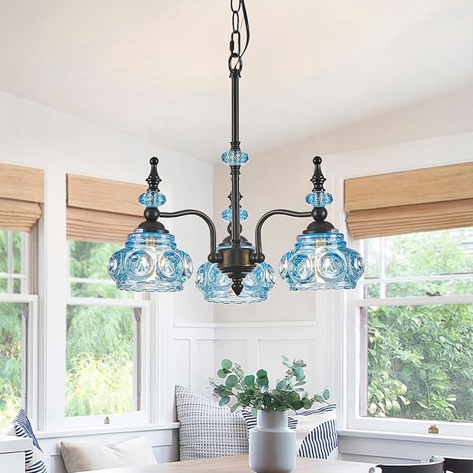 Blue 3-Light Pendant Light Fixtures Black Lights Victorian Vintage Celing Pendant Fixtures for Kitchen Island Bedroom Restrant