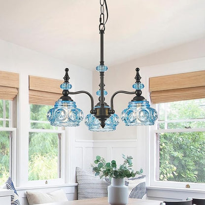 Blue 3-Light Pendant Light Fixtures Black Lights Victorian Vintage Celing Pendant Fixtures for Kitchen Island Bedroom Restrant