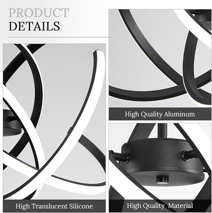 Black Modern Sputnik Chandelier with Remote Control, 44W 3-Color Temperature Dimmable LED Chandelier for Dining Room, Hanging Adjustable Pendant Light for Living Room Kitchen Foyer Entryway