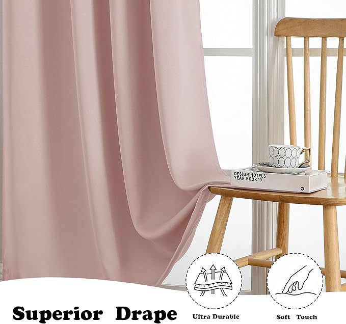 Simplebrand Blush Curtains for Bedroom 63 Inch Length 2 Panels Set, Room Darkening Thermal Insulated Energy Saving Curtains for Nursery, Grommet Solid Soft Window Treatment Drapes, W40 x L63