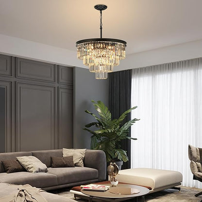 Crystal Chandeliers for Dining Room Lights Fixture Over Table, 15 Lights Black Modern Chandeliers for Living Room, 4-Tier Round Crystal Lighting Fixtures for Bedroom Entryway Kitchen Island D24 Inch