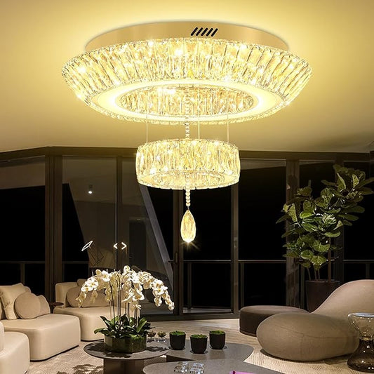 Led 24'' Gold Ring Crystal Chandelier,Modern Luxury 2-Tier Crystal Raindrop Chandeliers Lighting for Dining Living Room LED Dimmable 3000-6000K