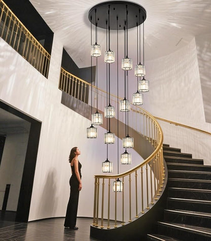 Long Chandeliers for High Ceilings,Modern Crystal Pendant Light,Raindrop Drop Lamp,Hanging Flush Mount Lighting Fixtures for Spiral Staircase,Foyer,Entryway,Living Room,Black (15 Lights)