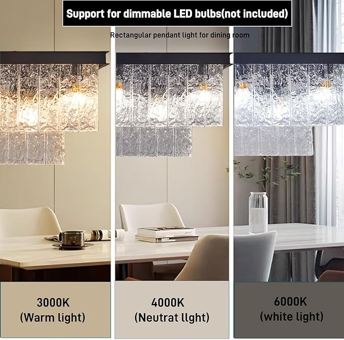 Kitchen Island Chandelier Black Rectangular, 35.4 Inch 11-Light E12 Modern Dining Room Chandelier, Water Ripple Glass Adjustable Height Hanging Ceiling Light Fixture
