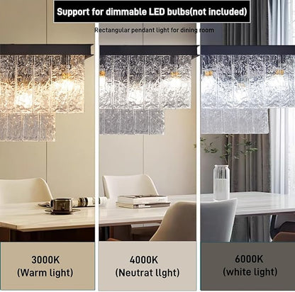 Kitchen Island Chandelier Black Rectangular, 35.4 Inch 11-Light E12 Modern Dining Room Chandelier, Water Ripple Glass Adjustable Height Hanging Ceiling Light Fixture