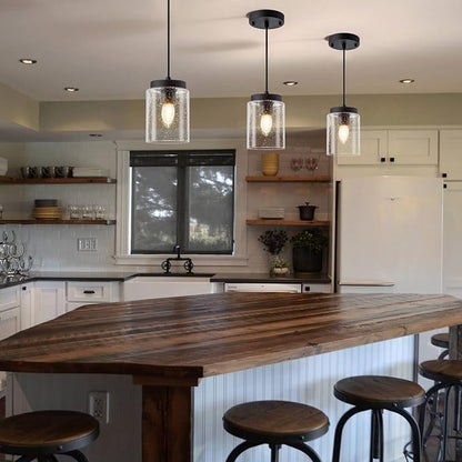 3 Pack Seeded Glass Pendant Light Black Pendant Lighting Modern Mini Hanging Lighting Adjustable Cord for Kitchen Island Dining Room Sink,4.7in