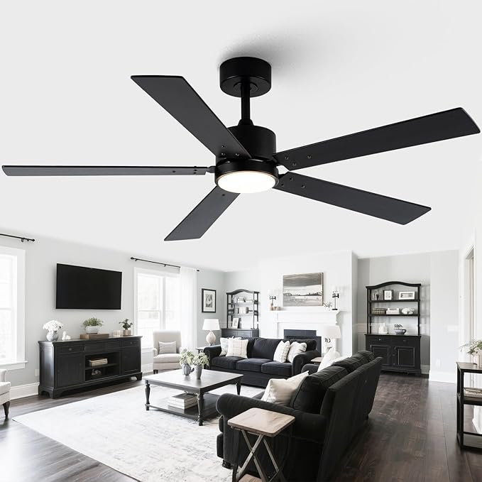 Black Ceiling Fans with Lights, 52 Inch Modern Ceiling Fan with Remote Outdoor Ceiling Fan for Bedroom, Living Room,High CFM Ceiling Fans with 3CCT LED Lights Kit, Quiet DC Motor, Timer