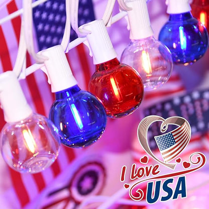 G40 LED Red White and Blue Lights, 27.8 FT 4th of July Lights Plug in with 25+3 Bulbs, Patriotic Decorations Outdoor String Light for Memorial Day Independence Day Patio Garden Backyard Bistro Decor