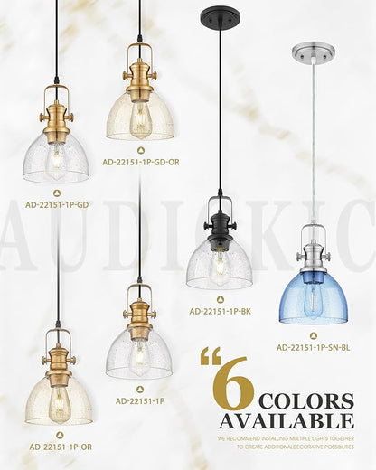 2 Pack Pendant Lights Kitchen Island, 7.5" Farmhouse Pendant Lighting with Blue Seeded Glass Shade, Vintage Hanging Light Fixtures for Dining Room, Brushed Nickel Finish, AD-22151-1P2-SN-BL