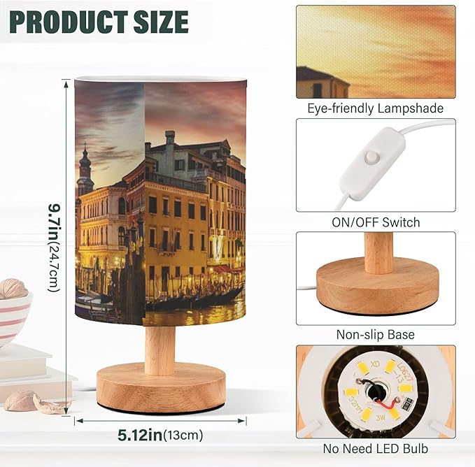 Italy Sunset Venice Cityscape Table Lamp with Wood Base Fabric Lamp Shade Bedside Nightstand Desk Lamp for Living Room Bedroom Kids Room Office