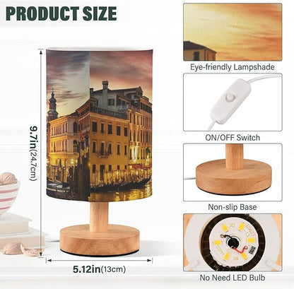 Italy Sunset Venice Cityscape Table Lamp with Wood Base Fabric Lamp Shade Bedside Nightstand Desk Lamp for Living Room Bedroom Kids Room Office