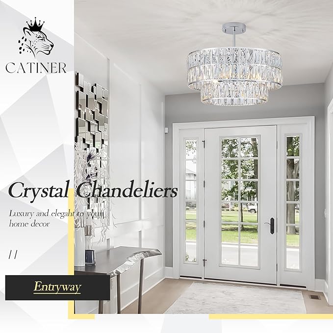 CATINER 20'' Modern Crystal Chandelier Luxury 6-Lights Chrome Semi Flush Mount Ceiling Light Fixtures Round Crystal Pendant Chandelier for Living Room Dining Room Kitchen Foyer Bedroom