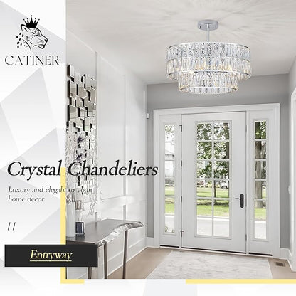 CATINER 20'' Modern Crystal Chandelier Luxury 6-Lights Chrome Semi Flush Mount Ceiling Light Fixtures Round Crystal Pendant Chandelier for Living Room Dining Room Kitchen Foyer Bedroom