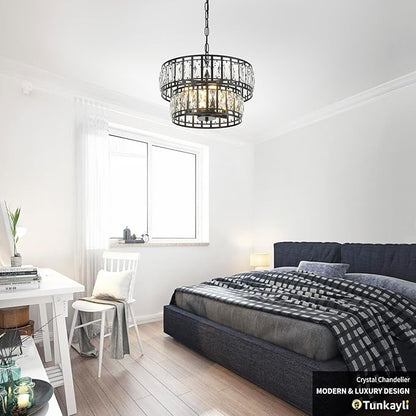 Dining Room Chandeliers K9 Crystal Black Metal Chandelier Modern 2-Tier Drum Farmhouse 16in Contemporary Round Light Fixture for Bedroom Entryway Kitchen Island Living Room