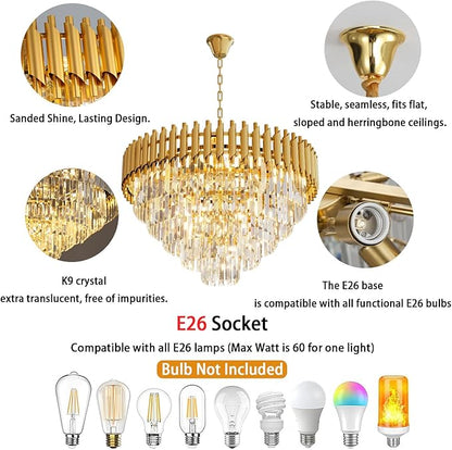 Modern Gold Crystal Chandelier, 24" 10-Light Round Chandelier,5 Tiers Ceiling Pendant Light, Large Adjustable Hanging Raindrop Chandeliers for Dining Room, Foyer, Living Room, Staircase