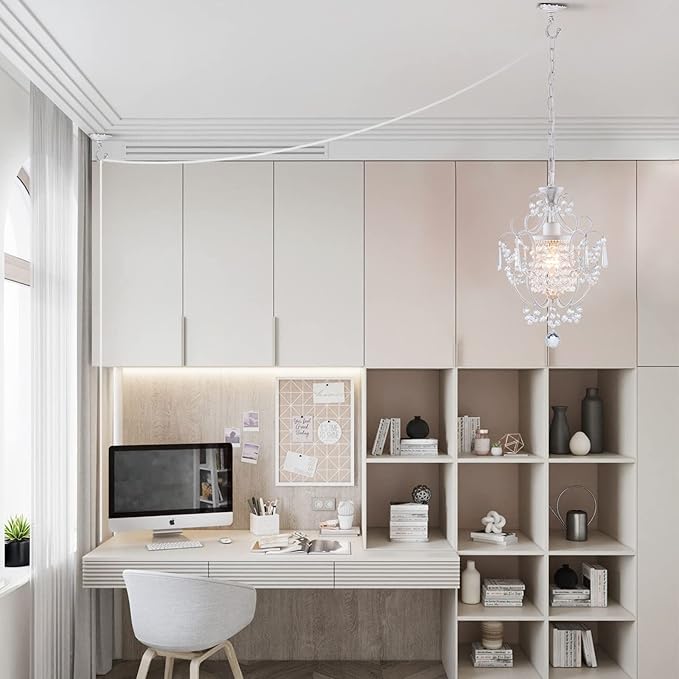 Plug in Chandelier Mini Crystal Chandelier White Retro Small Chandeliers Ceiling Light for Girls Bedroom,Farmhouse Plug in Pendant Light for Kitchen Island Bathroom Dining Room Closet