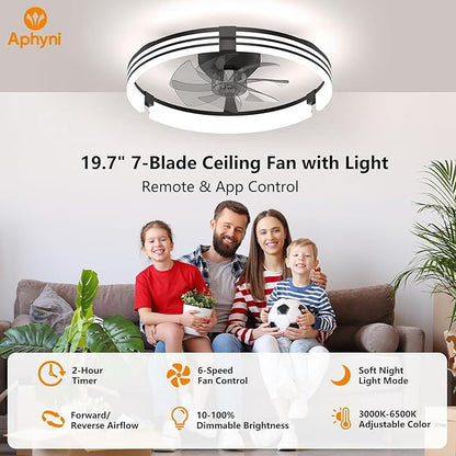 Ceiling Fans with Lights and Remote, 19.7" Black Low Profile Ceiling Fan, Modern Flush Mount LED Fan Light, 6 Wind Speeds Fandelier Ceiling Fan with Light for Bedroom, 3000-6500K Dimmable