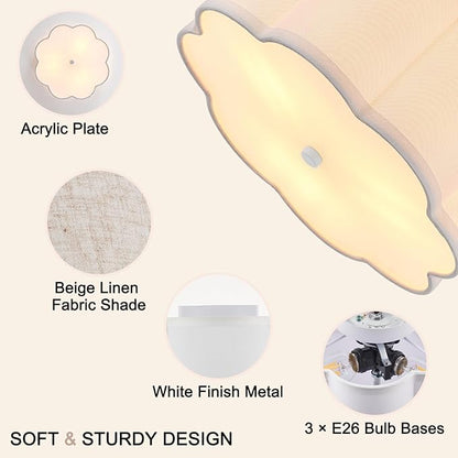 Modern Drum Semi Flush Mount Ceiling Light Fixture Modern 12.99” White 3-Lights Drum Ceiling Lighting Vintage Linen Ceiling Lamp for Kitchen, Basement, Dining Room, Bedroom, Laundry Room