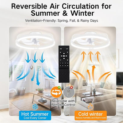 OUTON 20" Ceiling Fan with Light, Remote & App Control, Fandelier Low Profile Flush Mount Ceiling Fan with 3000K-6500K Stepless Dimmable, 6 Speed, Quiet DC Motor, Modern Ceiling Fans for Bedroom White
