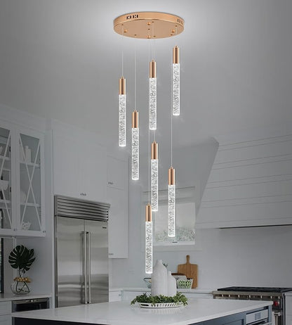 Modern High Ceiling Crystal Chandelier 7-Lights, Spiral LED Raindrop Foyer Pendant Lighting, Bubble Staircase Living Room Hanging Light Fixture Flush Mount Gold