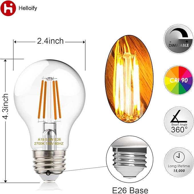 helloify A19 LED Filament Bulbs, 60W Equivalent, Edison Vintage Dimmable Energy Efficient Lamp for Pendant Wall Light Fixtures Office Bedroom Bathroom, E26 Base, 2700K Warm White Light, 6PCS