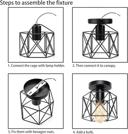 Hedume 2 Pack Semi-Flush Mount Ceiling Light, Retro Black Industrial Ceiling Light - Black Painting Metal Pendant Light Fixture for Hallway Stairway Bedroom Kitchen (E27)