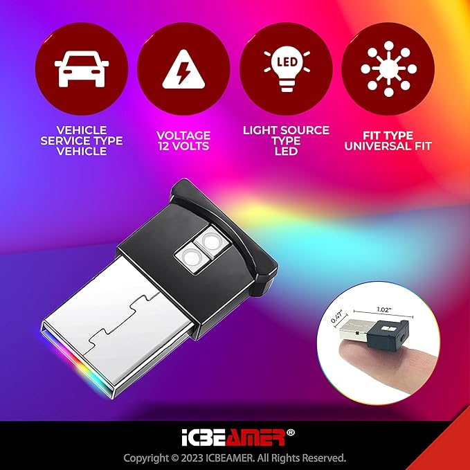 ICBEAMER Mini Smart USB Type-A 2-Pack (Red) | LED Night Light for Car Interior, Trunk, Center Console, Easy Plug-in, Enhance Automotive Ambiance, Ideal for Night Driving