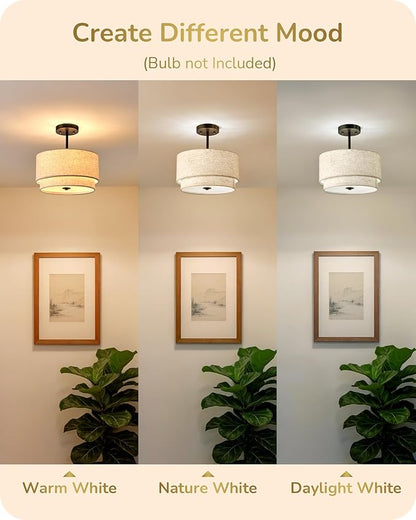 EDISHINE 12.6" Semi Flush Mount Ceiling Light, 3-Light Close to Ceiling Light Fixtures with Double Drum Linen Fabric Shade, Hallway Lights Fixtures for Living Room Entryway Kitchen, Matte Black