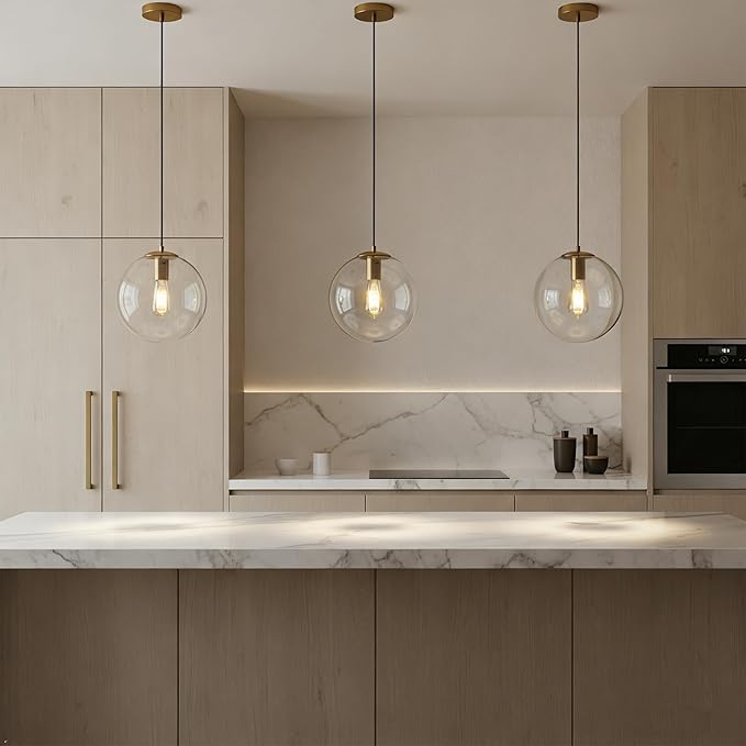 Modern Gold Globe Pendant Light, 10" Mid Century Brushed Brass Hanging Pendant Light Fixtures with Clear Glass for Kitchen Island Dining Room Bedroom Hallway Foyer, Adjustable Height