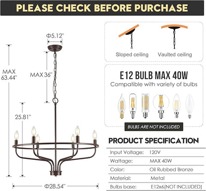 6-Light Farmhouse Oil Rubbed Bronze Chandelier Dining Room Light Fixture Metal Candle Chandeliers for Bedroom Hanging Lighting for Kitchen Living Room Entryway Foyer, 28.54in