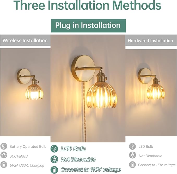 Shenmoyl Plug in Wall Sconce, Amber Tulip Glass Lampshade Wall Light Plugin Corded for Bedside Bedroom Doorway