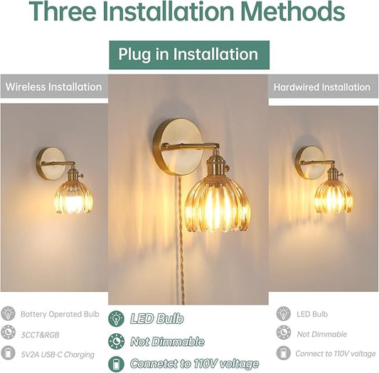 Shenmoyl Plug in Wall Sconce, Amber Tulip Glass Lampshade Wall Light Plugin Corded for Bedside Bedroom Doorway