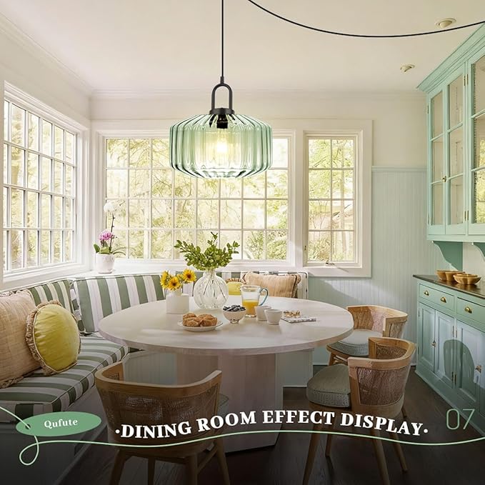 Plug-in Hanging Lamp Light Green Pendant Lights with 14.7 ft Cord Vintage Large Striped Glass Pendant Lamp Modern Glass Hanging Light Plug in Chandelier Lighting Mid Century Swag Lamp