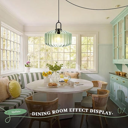 Plug-in Hanging Lamp Light Green Pendant Lights with 14.7 ft Cord Vintage Large Striped Glass Pendant Lamp Modern Glass Hanging Light Plug in Chandelier Lighting Mid Century Swag Lamp