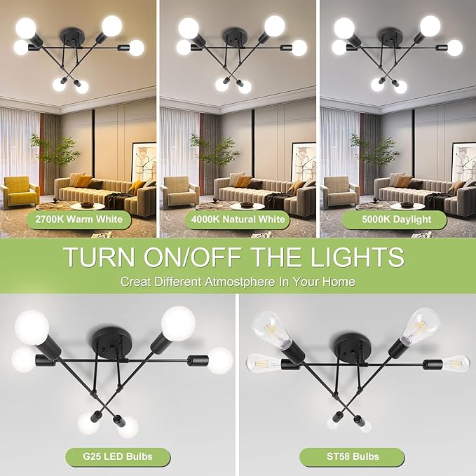 CANMEIJIA Modern Sputnik Chandelier Ceiling Light Fixture with 6 Lights Black Mid Century Ceiling Mount Lights Fixture for Bedroom, Dining Room, Living Room, Kitchen, E26 Base, Bulbs Not Included