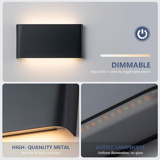 4 Pack Modern LED Wall Sconces, 15W Black Up and Down Wall Lights Indoor, 5 CCT Adjustable (3000K-6500K) Hardwired Decorative Wall Lamp for Hallway, Bedroom, Living Room, Stairwell