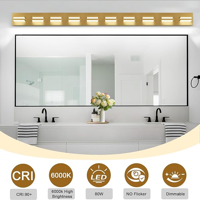 IZORRO LED Modern Bathroom Lights Fixtures(10-Light,Dimmable),Gold Acrylic Wall Lighting,Vanity Lights for Bathroom Over Mirror - 6000k 46In （No Assembly Required）
