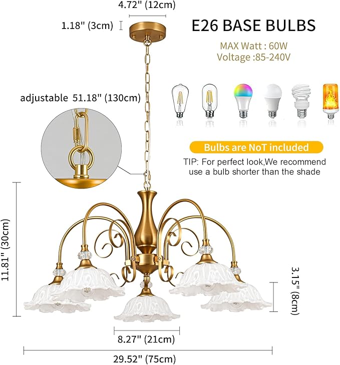 5-Light Vintage Chandeliers in Matte Brass Finish with White Glass Shades, Retro Chandelier Light for Dining Room, Hallway, Kitchen