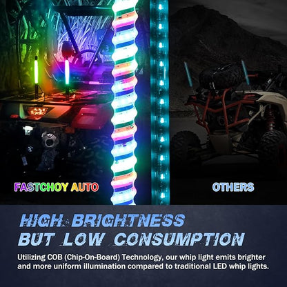 2 Pack 1FT COB LED Whip Lights, Fastchoy Auto UTV Whip Lights with App & Remote Control, Spiral RGB Chasing Lighted Whips for Side by Side UTV ATV RZR SXS Can-Am Polaris Offroad Truck