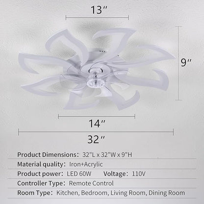 White Flower Modern Ceiling Fans with Lights, Low Profile Ceiling Fan with Remote for Bedroom, 32inch Flush Mount Ceiling Fan with LED Dimmable Light,6-Speeds, Timing CeilingFan Light-8L