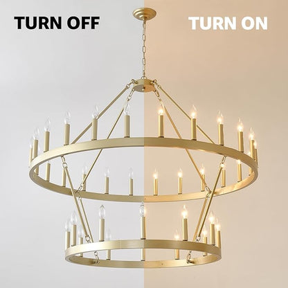 HHR 48" Gold Wagon Wheel Chandelier 2 Tiers, 36-Light Large Farmhouse Chandelier for High Ceilings, Round Rustic Pendant Light Fixture for Foyer, Entryway, Dining Room, E12