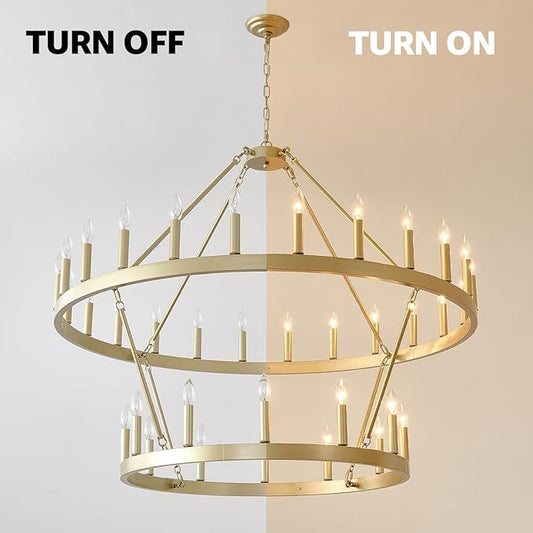 HHR 48" Gold Wagon Wheel Chandelier 2 Tiers, 36-Light Large Farmhouse Chandelier for High Ceilings, Round Rustic Pendant Light Fixture for Foyer, Entryway, Dining Room, E12