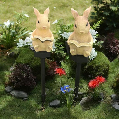 Solar Powered Rabbit Reading Lights, Garden Decorative Resin Cute Animal Ground lamp, Wireless Dusk to Dawn LED Lights Waterproof.