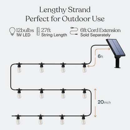 Brightech Ambience Pro Solar Powered Outdoor String Lights - Commercial Grade Patio Lights with 27 Ft Edison Bulbs - Shatterproof LED Solar String Lights - 1W LED, Warm White Light