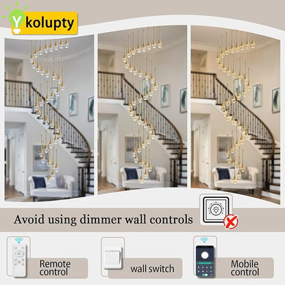 ykolupty H150 Spiral Chandelier Lighting Modern Gold Chandelier Light Fixture for Foyer Hallway Crystal Chandeliers for High Ceilings Suitable for Sloping Ceiling 2700-6000k Dimmable