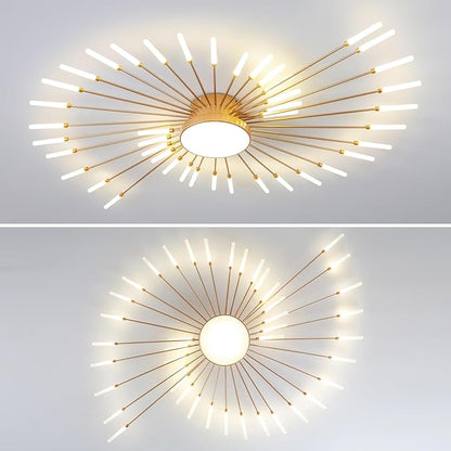 ziidoo Modern Ceiling Light, 42+1 Lights Metal Firework Designed Chic Led Lighting Fixture for Farmhouse Kitchen Dining Room Bedroom Hallway Living Room (Gold and Dark Gold)